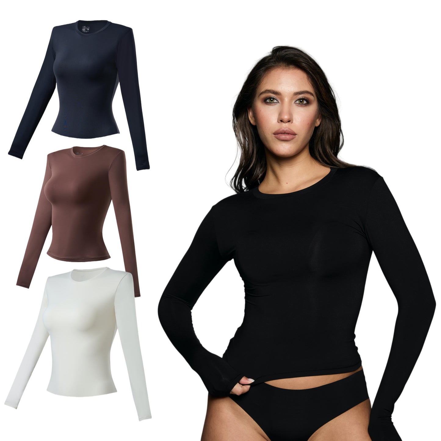 3-PACK LONG SLEEVE FITTED T-SHIRT (Black+Brown+Ivory)